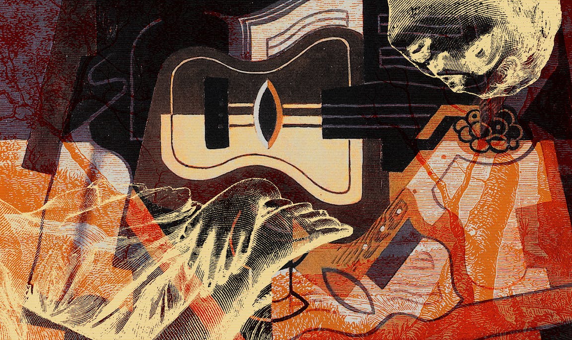 A warm-toned illustration of a person and a guitar.